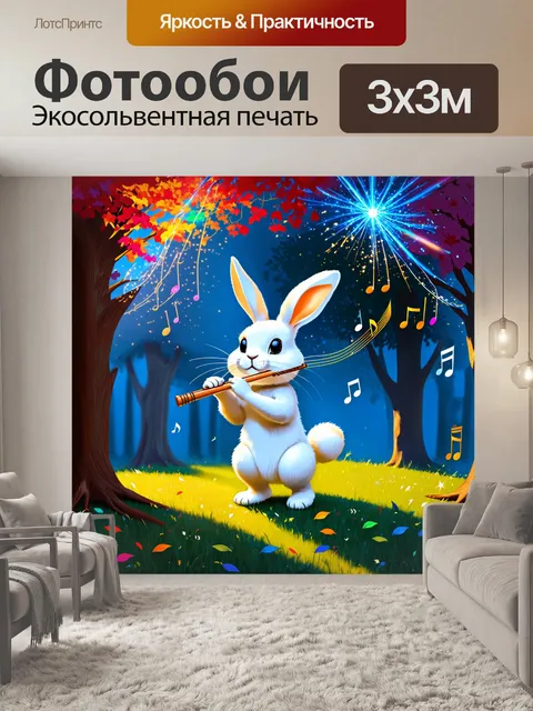 Фотообои кролик, играющий на волшебной флейте, стоит среди таинственных теней под цветными деревьями