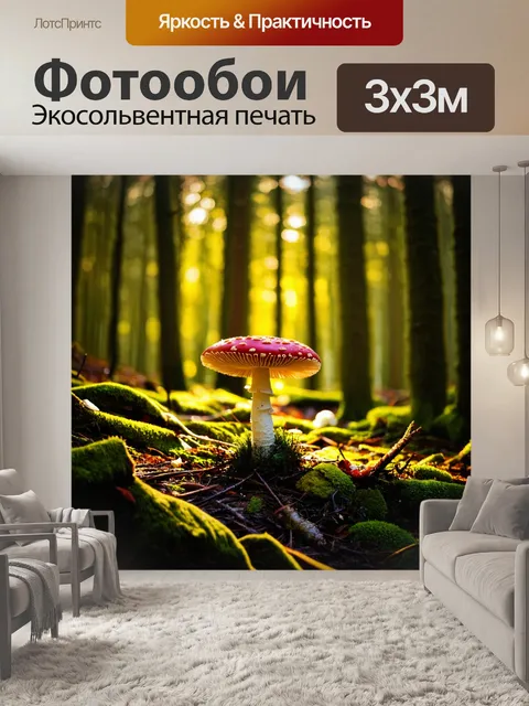 Фотообои вечерний лес, освещенный мягким светом, на фоне которого красный мухомор становится ярким акцентом
