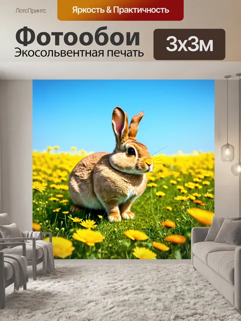 Фотообои коричневый кролик в поле луговых цветов, на фоне голубого неба
