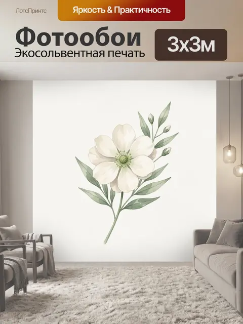 Фотообои Белый цветок с зелёными листьями