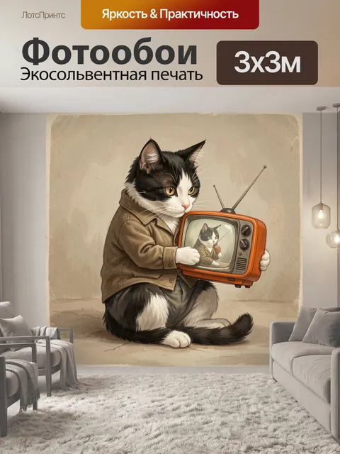 Фотообои Черно-белый кот с телевизором