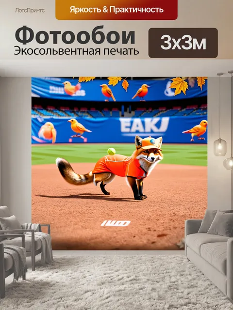 Фотообои спортивная арена, где лиса в спортивной форме бросает теннисный мяч, окружённая шуршащими листьями и яркими…
