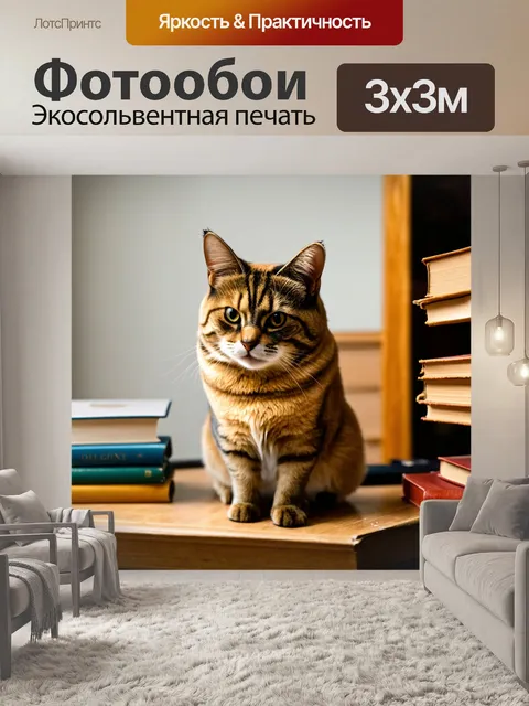 Фотообои кошка, сидящая рядом с книгами на старом столе