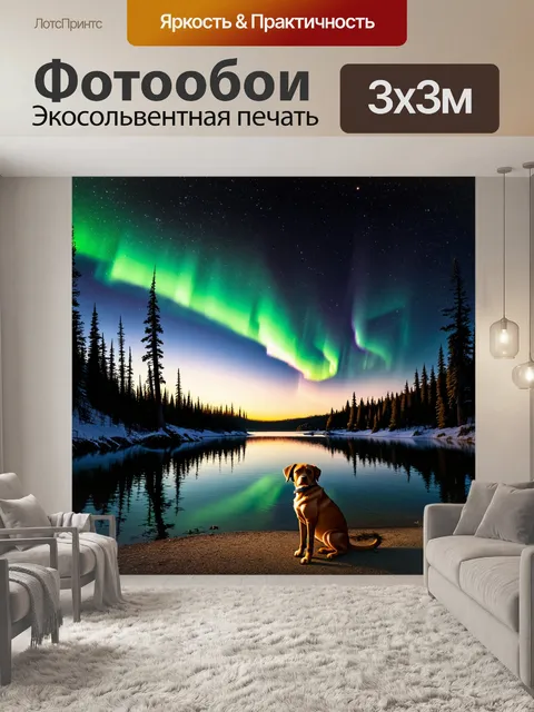 Фотообои Сидящая собака на берегу спокойного озера, смотрящая на закат и сияющее северное сияние