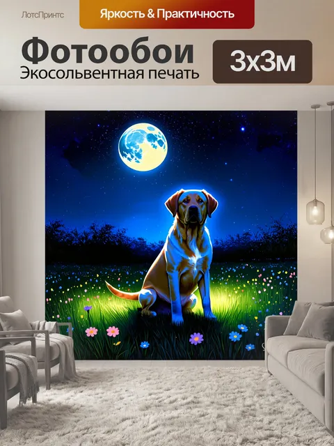 Фотообои ночной луг, усеянный светящимися цветами, освещенный луной