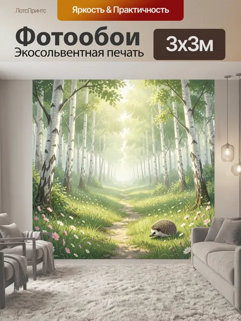 Фотообои Солнечная берёзовая тропа с ежиком