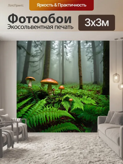 Фотообои туман, лес с папоротниками и грибами, окутанный густым туманом, как в сказке