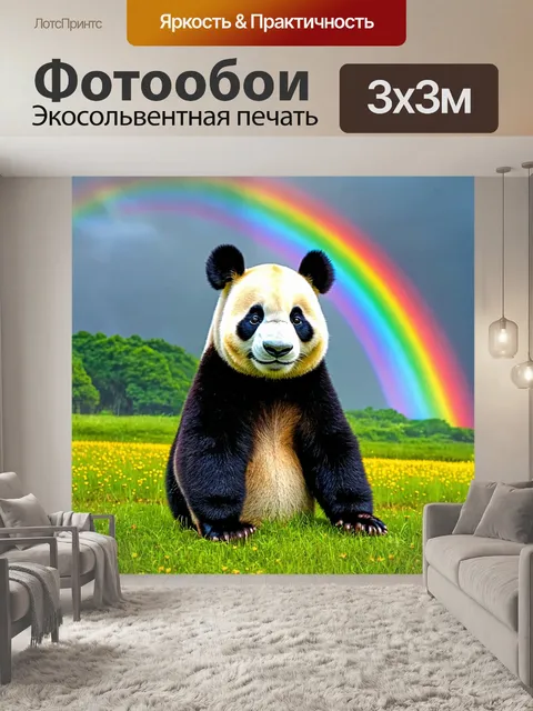 Фотообои панда восхищается радугой после дождя на лугу