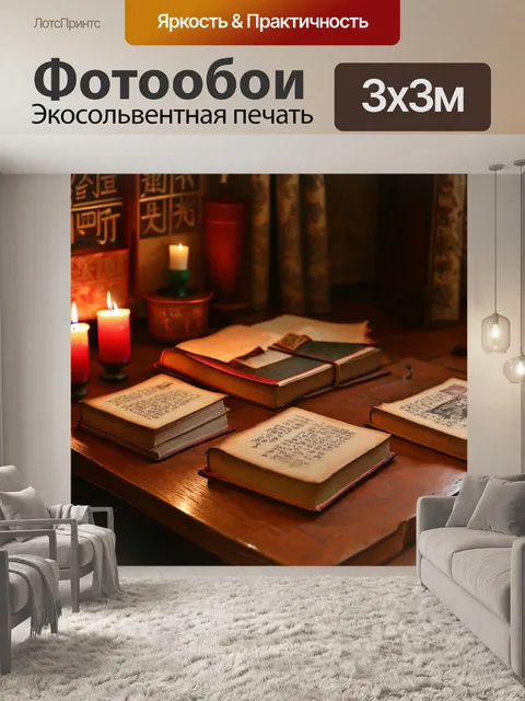 Фотообои китай: старинные китайские книги, разложенные на деревянном столе, окруженные свечами
