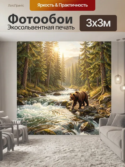 Фотообои Медведь у горной реки в лесу