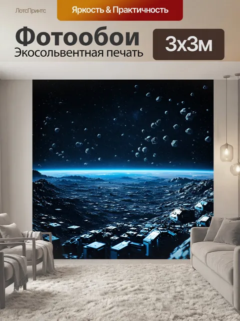 Фотообои космос в стиле киберпанк с технологичными базами на астероидах, с панорамным видом на далекие звёзды