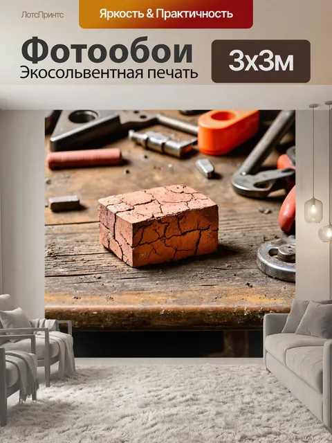 Фотообои кирпичик с трещинами и потертостями, лежащий на старом деревянном столе, окруженный инструментами для ремонта