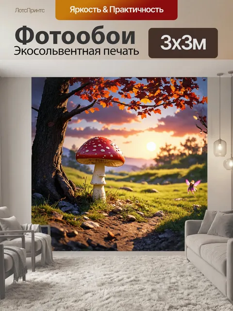 Фотообои у подножия старого дерева красный мухомор с белыми точками оказывается на фоне сказочного пейзажа