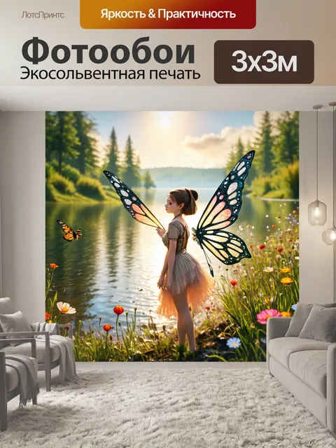 Фотообои озеро в стиле стимпанк, где феи в механических крыльях порхают среди редких цветков на берегу