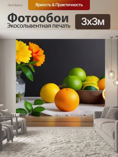 Фотообои яркие цветы и цитрусовые на столе