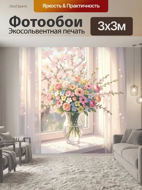 Фотообои Большой букет нежных весенних цветов в прозрачной стеклянной вазе на подоконнике у окна