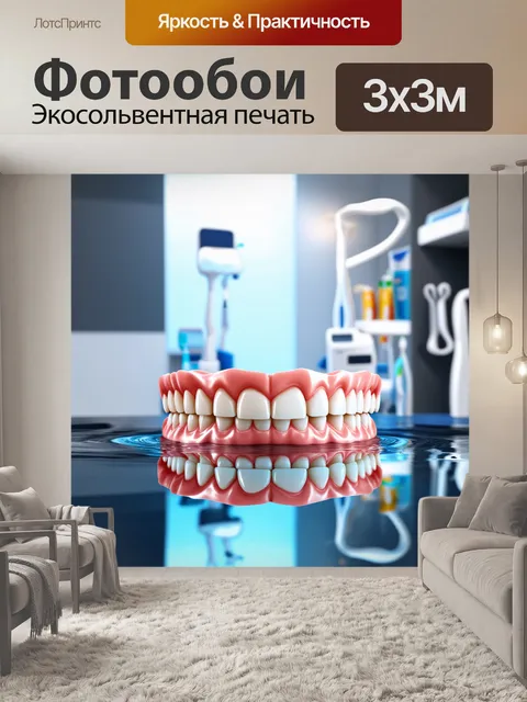 Фотообои изображение здоровых белоснежных зубов в крупном плане, под ярким светом, с отражением в воде