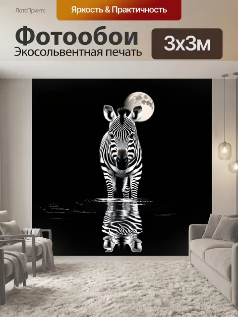 Фотообои изображение зебры, отражающейся в черном озере в лунном свете, создающем иллюзии и контрасты