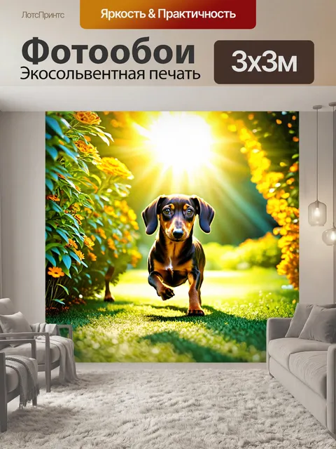 Фотообои в дендрарии щенок таксы резво бегает среди цветов и кустарников