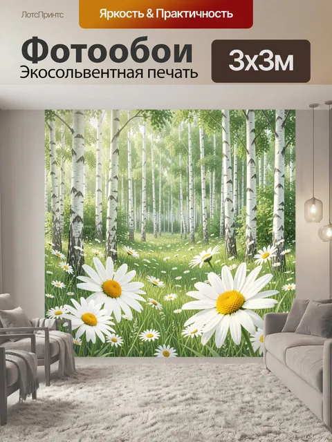 Фотообои Берёзовая роща с ромашками