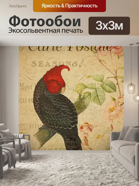 Фотообои Винтажная открытка с птицами какаду