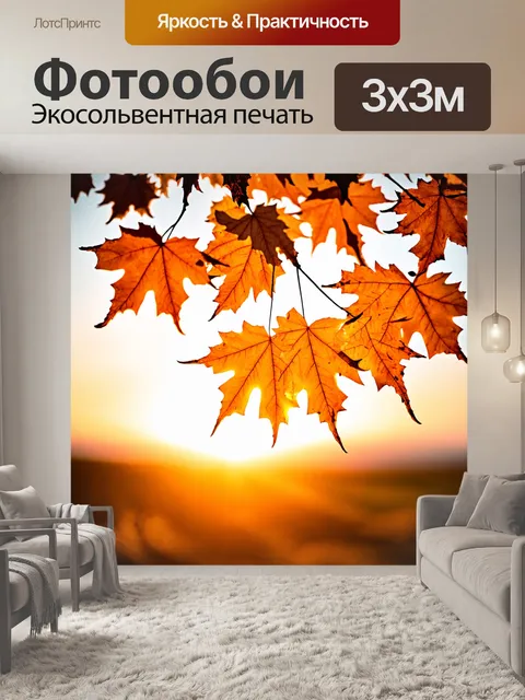 Фотообои листья клена на фоне яркого заката