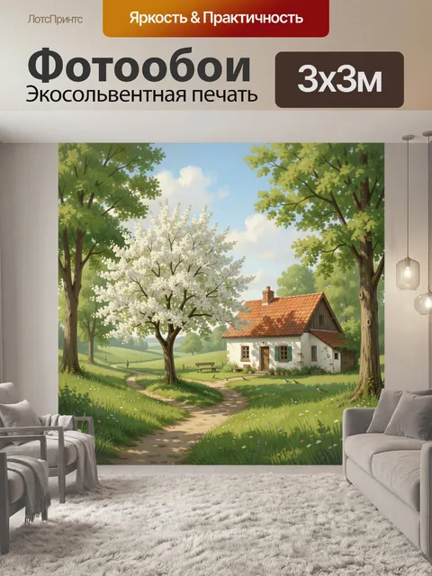 Фотообои Сельский дом среди цветущих деревьев