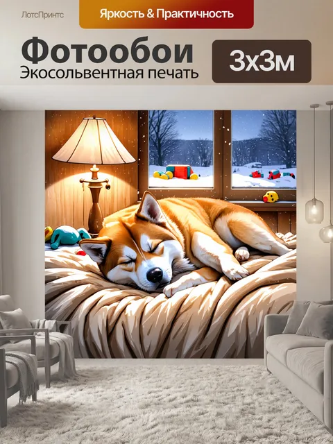 Фотообои гибрид акита-ину и хаски, спящий на мягком пледе в ую́тной комнате