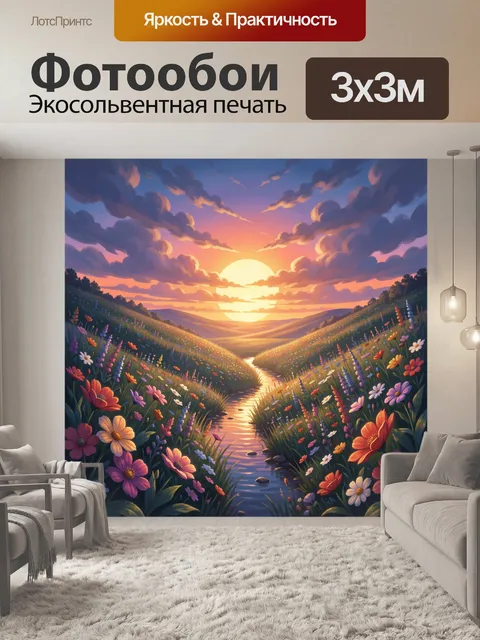 Фотообои Цветочное поле у закатной реки