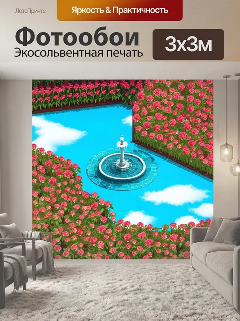 Фотообои природа в стиле изометрия, цветущий сад с розами и лилиями, фонтан в центре, белые облака на ярком синем небе