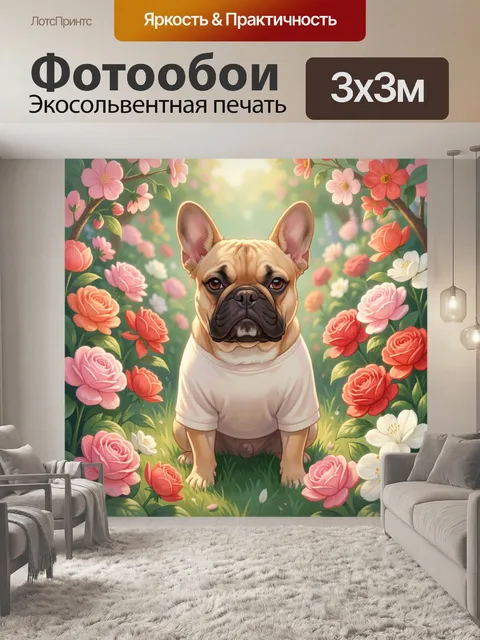 Фотообои Французский бульдог среди цветов