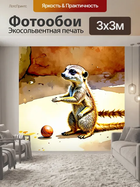 Фотообои сурикат, играющий с маленьким мячиком в зоопарке, выполненный в ярком акварельном стиле