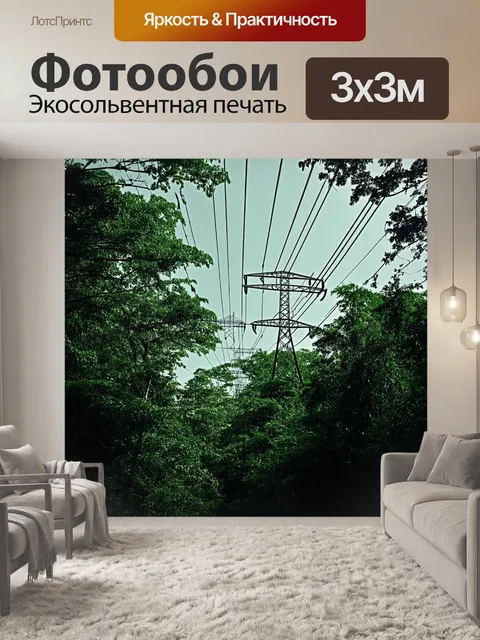Фотообои густой лес с линией электропередач, протянувшейся сквозь деревья