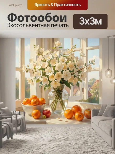 Фотообои Белые цветы и фрукты у окна