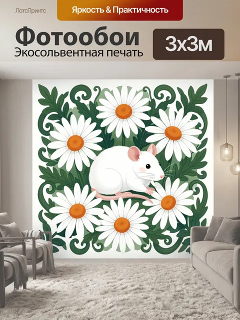 Фотообои Белая мышка среди ромашек