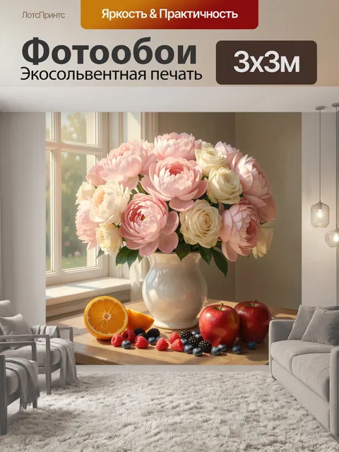 Фотообои Нежные цветы и фрукты у окна