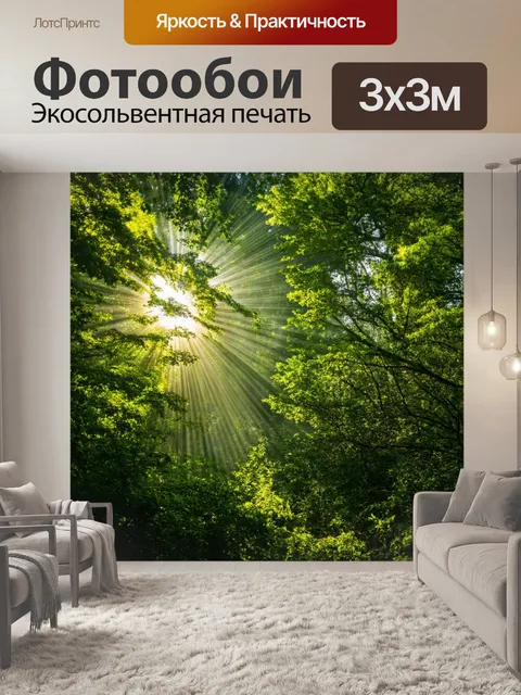 Фотообои лес с густыми зелеными деревьями и солнечными лучами, пробивающимися сквозь листву