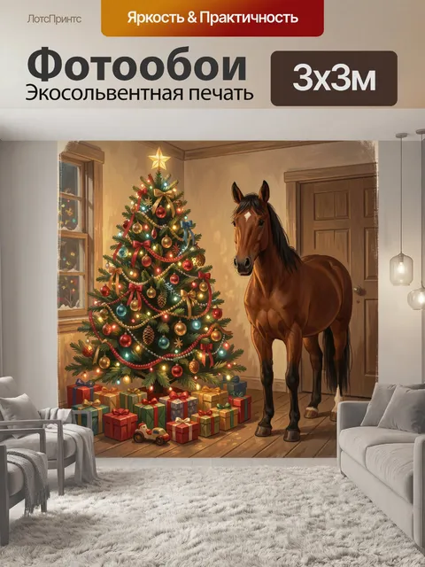 Фотообои Лошадь у новогодней елки