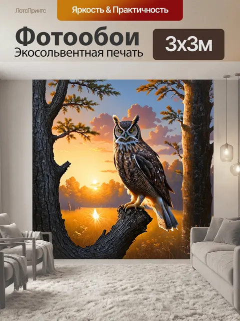 Фотообои сильный контраст между ярким рассветом и тенью леса, где большая рогатая сова сидит на стволе дерева