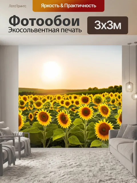 Фотообои прованс: нежные утренние лучи освещают поле с подсолнечниками, где листья шепчут теплые разговоры