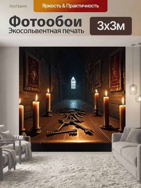 Фотообои темный, загадочный коридор замка, освещённый только тусклым светом от свечей