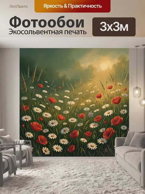Фотообои Луг с маками и ромашками на закате