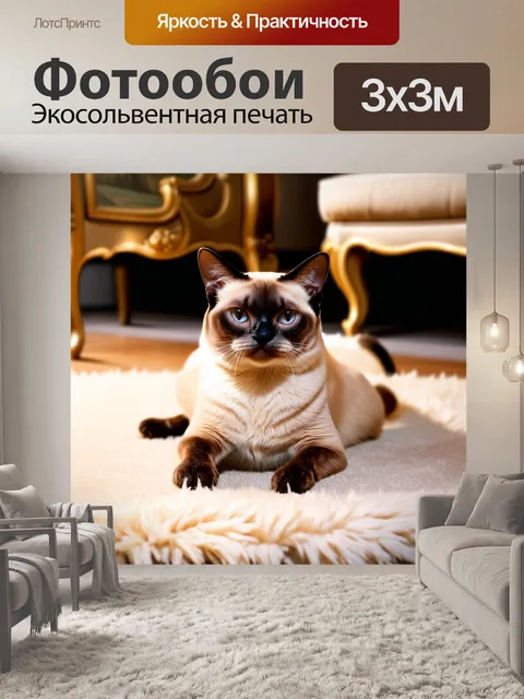 Фотообои сиамский кот с округлой головой, лежащий на пушистом коврике