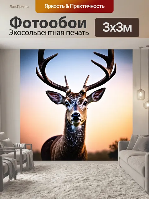 Фотообои животные в стиле готический: олень с эффектными рогами, покрытыми паутиной, на фоне вечернего неба