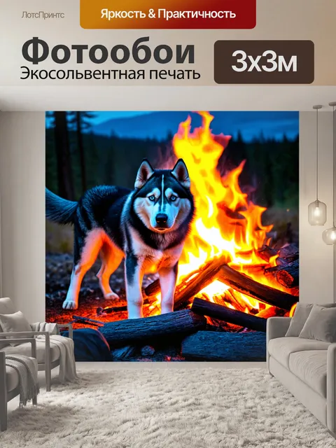 Фотообои хаски у костра, освещенный огнем