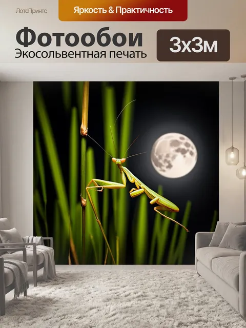 Фотообои ночной богомол, освещённый лунным светом, сидит на стебле тростника, окруженный нежными зелеными оттенками