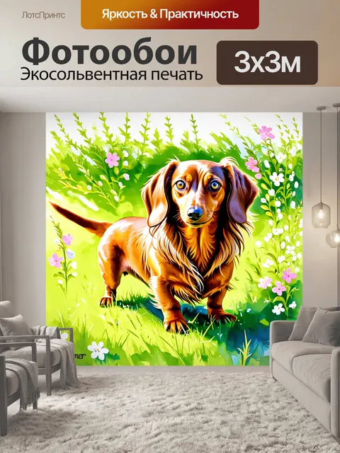Фотообои на зеленом лугe, залитом солнечным светом, играет длинношерстная такса, её мягкая шерсть мерцает на ветру…