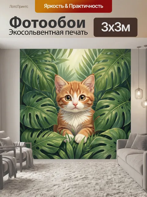 Фотообои Рыжий кот среди тропических листьев