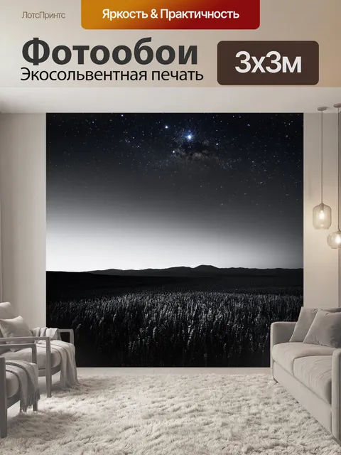 Фотообои ночь в стиле черно-белый, бескрайнее поле с мерцающими звездами на небе, силуэты далеких гор на горизонте