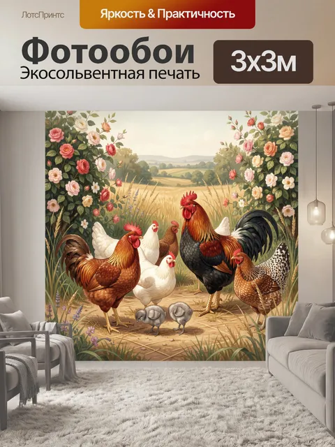 Фотообои Петухи и куры в саду